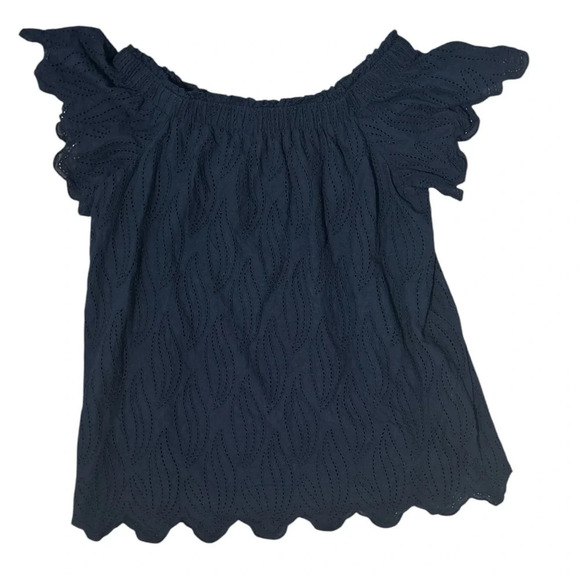Ann Taylor Off Shoulder Scalloped Embroidery Top Navy, Size Large - Picture 1 of 9